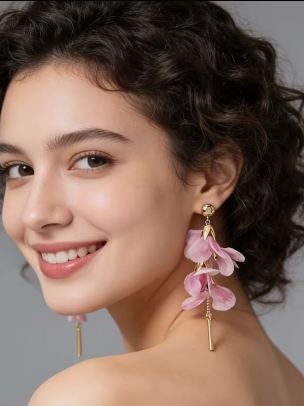 Gold-Tone Pink Petal Drop Earrings
